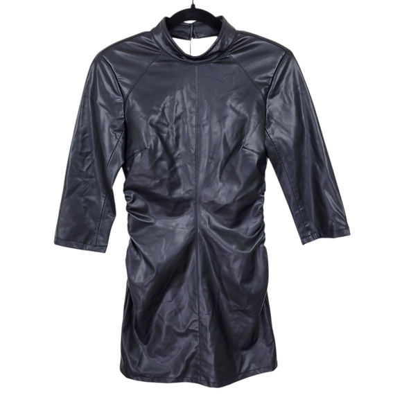 Zara Faux Vegan Leather Dress Sz S Black Backless Round Neck Ruching Lined New - Picture 1 of 13